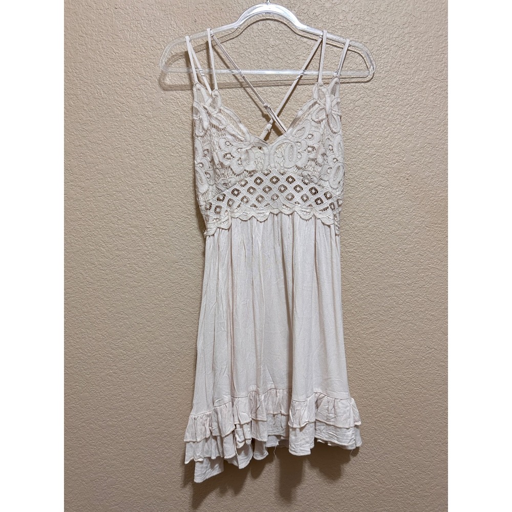 Ocean Drive Large Crochet Lace Ruffle Mini Dress Cream Boho Festival Sundress